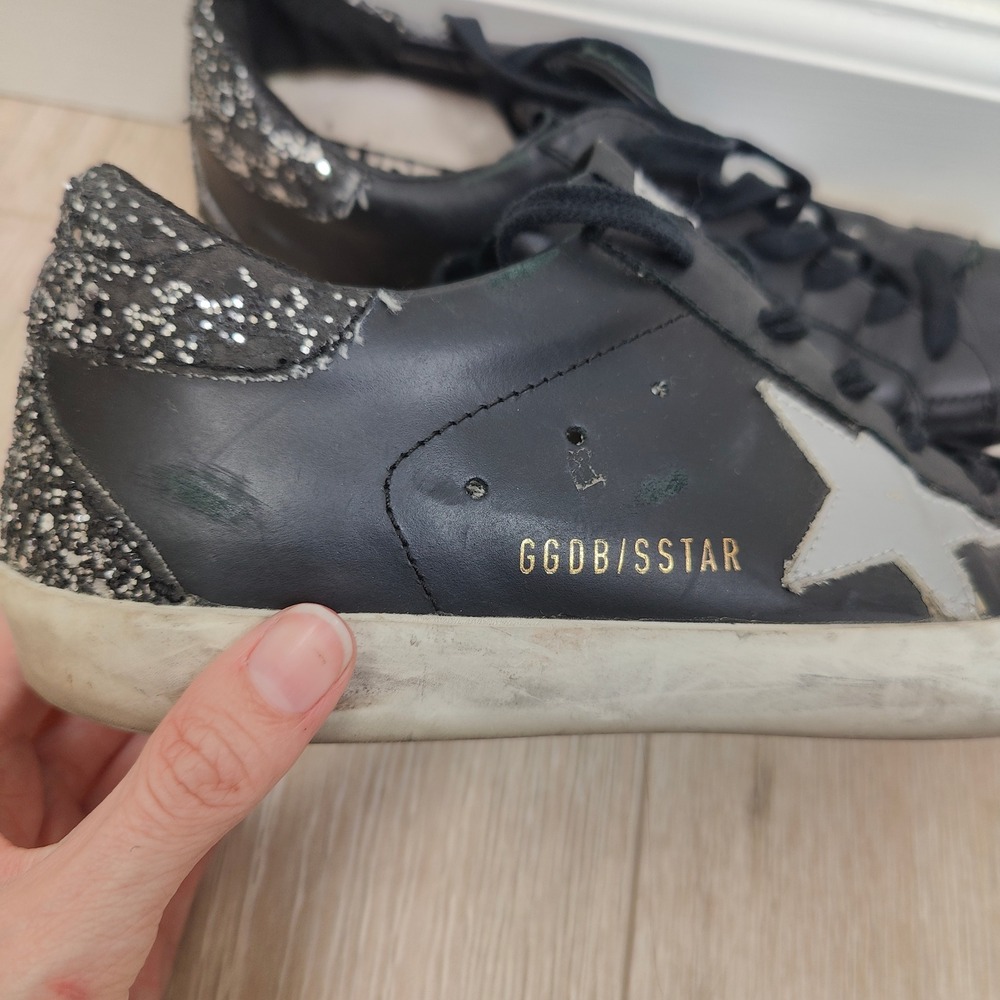 Golden Goose Superstar Sneakers Women 39 9 Black Leather Glitter Star Distressed - Picture 4 of 12